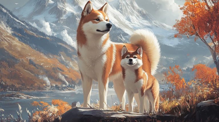 Un shiba inu et un akita inu côte à côte
