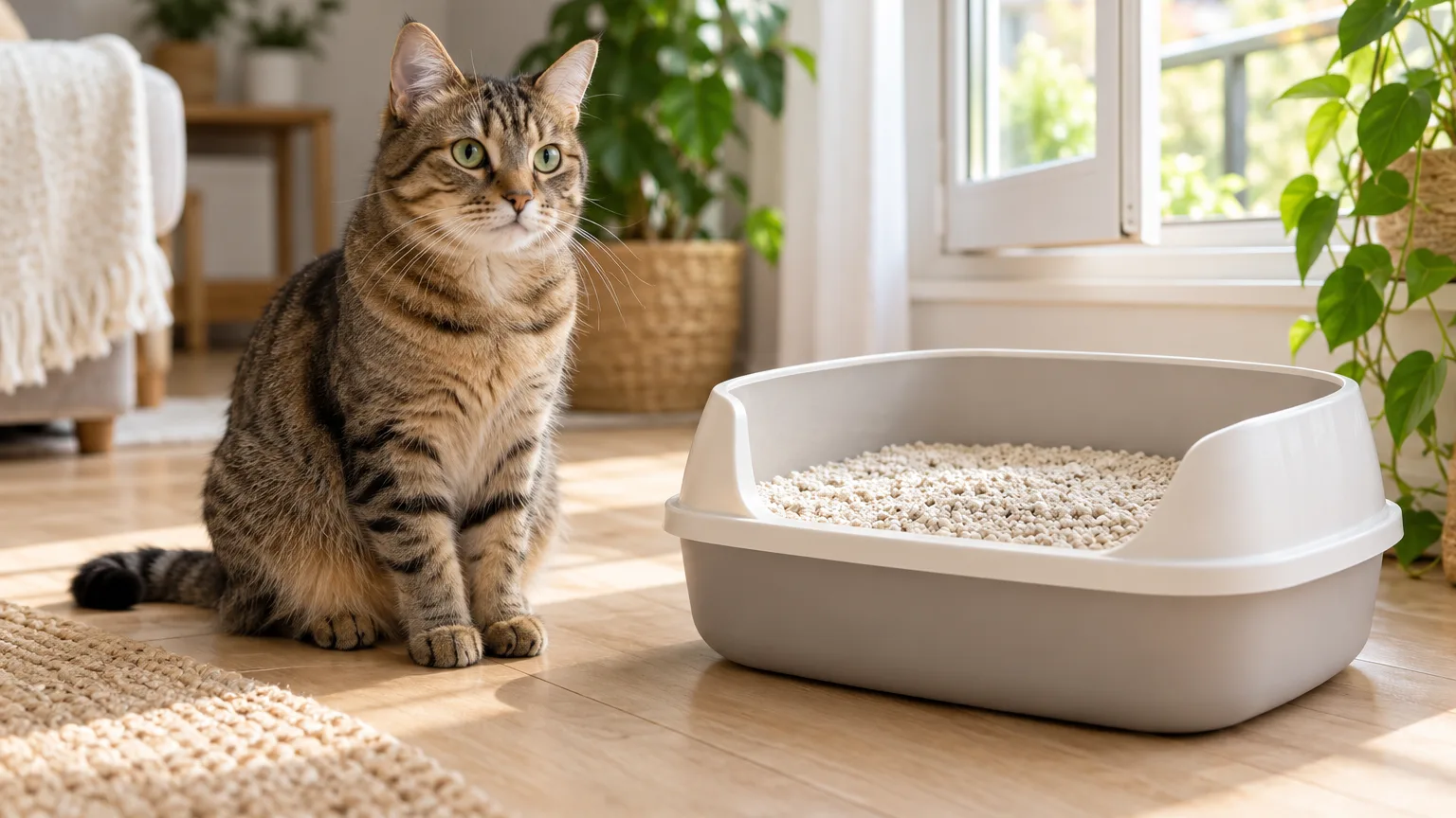 Chat tigré assis à côté d’un bac à litière propre dans un appartement lumineux